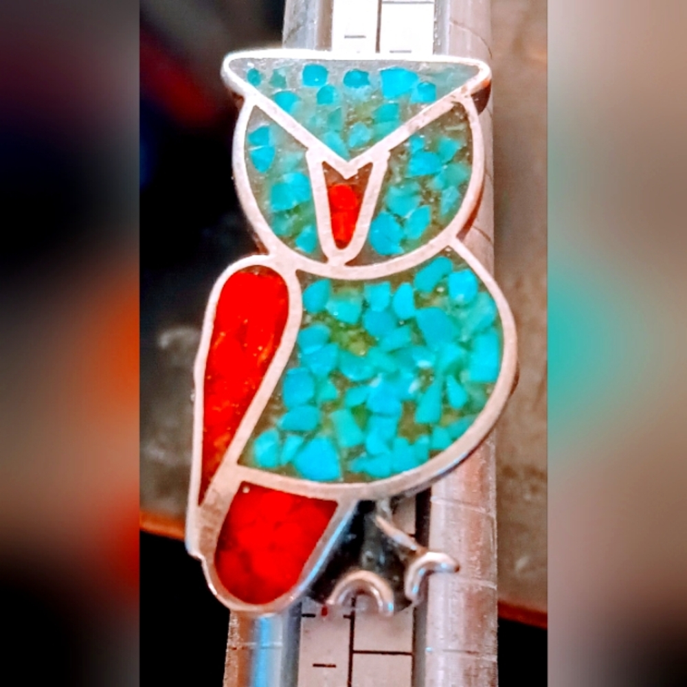 Vintage Big Sterling Silver 9.25 Turquoise and Coral Owl Size 7.5 inches.